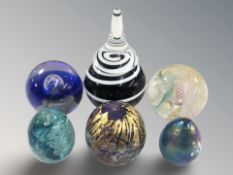 Six studio glass paperweights including Caithness, Jonathan Harris, etc, tallest 15 cm.