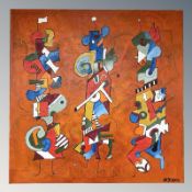 Contemporary School : Three abstract figures, oil on canvas, initialled M H and dated 2014,