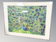 A continental colour print depicting a peacock, 47 cm x 65 cm.