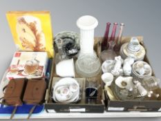Assorted ceramics, glass decanters, vintage cameras, small jardiniere, etc.