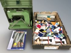 Sewing / haberdashery items including several packs of scissors, spools of thread,