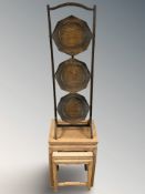 A nest of two Chinese hardwood tables, width 36 cm, and an Edwardian oak three tier cake stand.