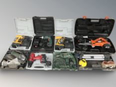 Several boxed power tools with leads including Black & Decker, Bosch,