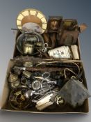 Assorted metal wares, hanging lanterns, wall clock, barometer, cutlery, etc.
