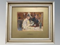 E Pavil : Figures in a restaurant, oil on board, 15 cm x 21 cm.