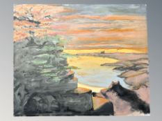 20th Century School : Trees on a rocky cliff with lake beyond, oil on canvas,