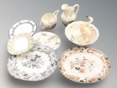 A Maling transfer printed teapot, a Devon Ware wash jug and basin, various meat plates,
