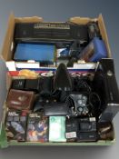Electricals including Toshiba stereo, Xbox 360, table lamp, together with various cameras, etc.