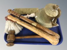 A turned oak truncheon with brass shield plaque inscribed 'Presented to the City Lodge by Bro T