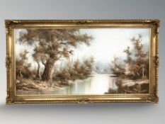 Contemporary School : a calm stream through a forest, oil on canvas, indistinctly signed,