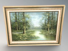 Cantrell (Contemporary) : a calm stream through a forest, oil on canvas,