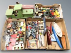 A quantity of toys, die cast models, two wooden model locomotives on wheels.