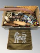 A group of treen items, boomerang, busts, ornaments, etc.