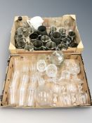 A quantity of pewter tankards, jugs, etched drinking glasses, etc.