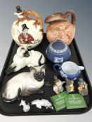 A Crown Devon Fieldings musical jug, a Royal Doulton jug, two Royal Doulton siamese cats No.