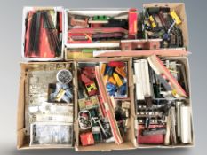 A quantity of die cast locomotives, Tri-Ang model railway track, buildings, etc.