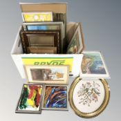 Assorted pictures and prints, two contemporary abstract oils on canvas, gilt framed mirror, etc.