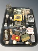 An Ilford camera, vintage tins, lady's and gent's wristwatches, Ronson lighter, Ever Ready torches,