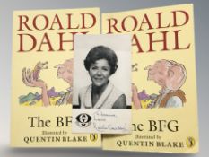 Two copies of The BFG by Roald Dahl, signed by illustrator Quentin Blake,