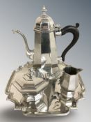 A Kirk Stieff pewter three piece tea service, teapot 24.