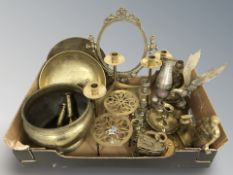 Brass wares including photo frame, trivets, candlesticks, chambersticks, ornaments, etc.