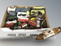 A quantity of tin plate and other models, buses, bulldozer, other vehicles.