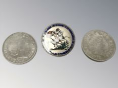 A George III crown 1819, enamelled and mounted as a brooch,