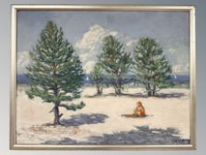 Rejle (20th Century) : A figure sat on a beach, oil on board, 30 cm x 40 cm.