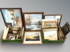 An assortment of pictures and prints, J Wheatley oil on canvas, embroidery, etc.