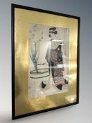 Japanese School (Late 19th Century) : Study of a lady reading a scroll, hand coloured wood cut,