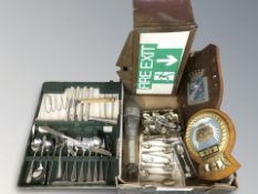 A group of signs and plaques, collector's tea spoons, an inert bomb, cutlery canteen, etc.