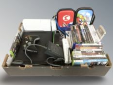 An Xbox 360 console, Nintendo Wii console, various video games, controllers, etc.