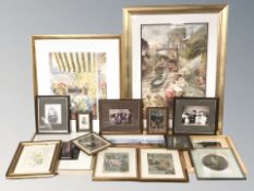 A quantity of gilt framed picture and prints, print after David Hockney,
