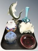 A group of art glass vases, figure of a dolphin, etc.