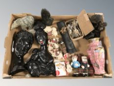 A group of chalk busts, dog figurines, EPNS flatware, a Maling pink lustre vase,