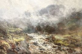 John Falconar Slater (British, 1857-1937) A Misty Upland Landscape with Flowing River, oil on board,
