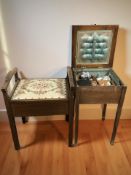 An oak sewing box and a mahogany storage piano stool.