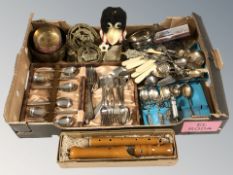 Assorted boxed and loose cutlery, a Johannes Adler recorder in box, brass wares, whistle, etc.