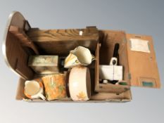 An onyx mantel clock, Art Deco ceramics, microscope in box, an oak canteen, etc.