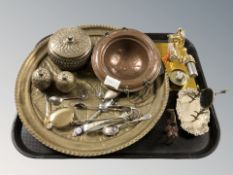 A modern steam engine, an embossed brass wall plaque, cutlery, eastern white metal bowls, etc.