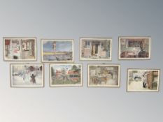 A series of eight Danish colour prints after Karl Larsson depicting various scenes.