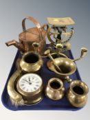A small copper watering can, brass scale, mortar and pestle, quartz ship's timepiece, etc.