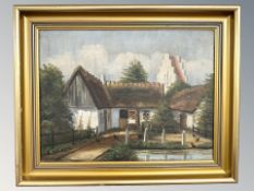 Danish School : A cottage with chickens in a courtyard, oil on canvas, 32 cm x 24 cm.