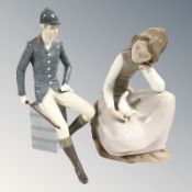 A Lladro figure of a jockey, and a Nao figure of a girl with dove, tallest 26 cm.