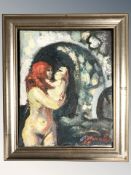 Continental School : Mother with child, oil on canvas, 25 cm x 20 cm, indistinctly signed.