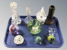 Glass items including two perfume bottles, bottle vase, two Mdina stoppers,