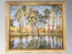 V Reile : Trees by a lake, oil on board, 54 cm x 45 cm.