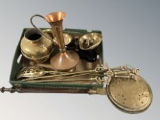 A brass companion set, set of pan scales, copper jug and a brass bed warming pan.