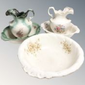 Three transfer printed pottery wash basins, two with jugs.