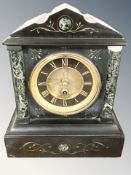 Two Victorian black slate and marble eight day mantel clocks, tallest 28 cm.